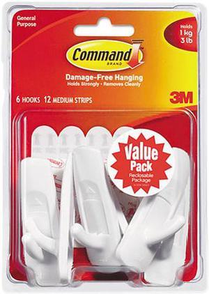 3M 17001-VP-6PK Adhesive Medium Hook Value Pack,  Holds 3-lb, White, 6/Pack