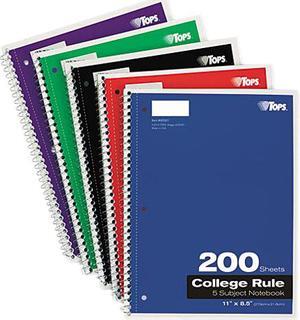 Tops 65581 Wirebound 5-Subject Notebook, College Rule, 11 x 8-1/2, White, 200 Sheets/Pad