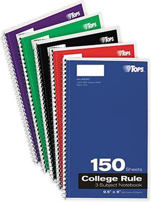 Tops 65362 Oxford 3-Subject Notebook, College Rule, 150 Sheets, 2 Dividers - 6" X 9-1/2" (Random Colors)
