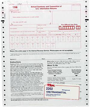 Tops 2202 1096 IRS Approved Tax Forms, 8 x 11, 2-Part Carbon, 10 Contin Forms