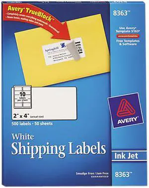 Avery 8363 Shipping Labels with TrueBlock Technology, 2 x 4, White, 500/Box