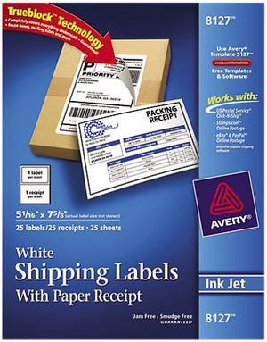 Avery Shipping Labels,Inkjet,w/ Receipt,5-1/16"x7-5/8", 25/PK,WE 8127