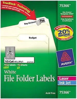 Avery Permanent File Folder Labels TrueBlock Laser/Inkjet 2/3 x 3 7/16 1800/Box