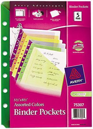 Avery 75307 - Small Binder Pockets, Standard, 7-Hole Punched, Assorted, 5 1/2 x 8 1/2, 5/Pack