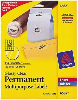 Avery 6582 Permanent I.D. Labels, 1 2/3" dia., Clear, 500/Pack