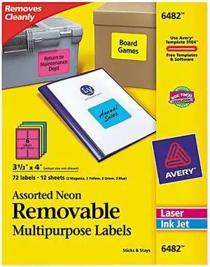Avery High-Visibility Removable ID Labels Laser/Inkjet 3 1/3 x 4 Asst. Neon 72