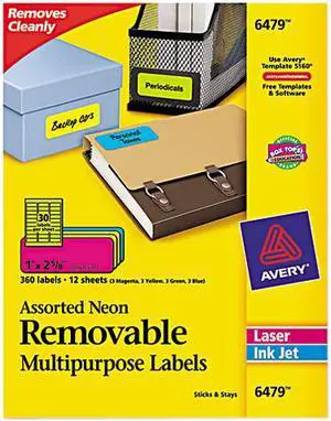Avery High-Visibility Removable ID Labels Laser/Inkjet 1 x 2 5/8 Asst. Neon 360