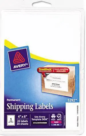 Avery Full-Sheet Labels with TrueBlock Technology Inkjet/Laser 4 x 6 White 20