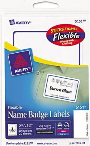 Avery Flexible Self-Adhesive Laser/Inkjet Badge Labels 2 11/32 x 3 3/8 BE 40/PK