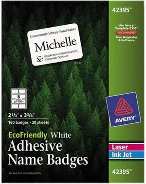 Avery 42395 EcoFriendly Name Badge Labels, 2-1/3 x 3-3/8, White, 160/Box