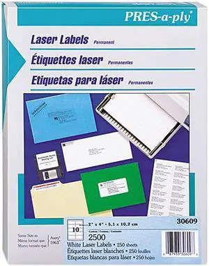 Pres-A-Ply Laser Address Labels 2 x 4 White 2500/Box 30609
