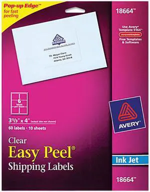 Avery 18664 Easy Peel Mailing Labels for Inkjet Printers, 3-1/3 x 4, Clear, 60/Pack