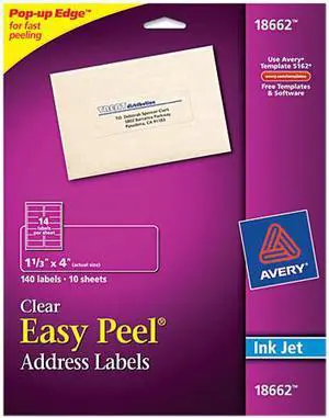 Avery 18662 Easy Peel Mailing Labels for Inkjet Printers, 1-1/3 x 4, Clear, 140/Pack