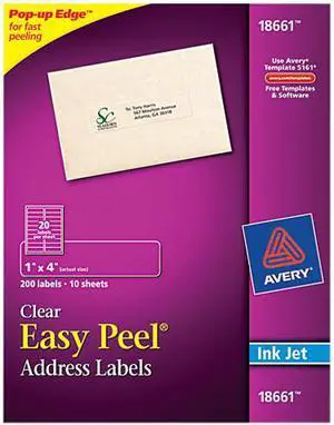 Avery 18661 Easy Peel Mailing Labels for Inkjet Printers, 1 x 4, Clear, 200/Pack