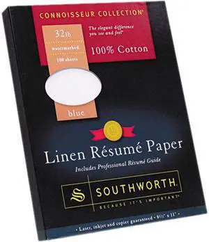 Southworth RD18BCFLN 100% Cotton Premium Linen Résumé Paper, 32 lbs., 8-1/2 x 11, Blue, 100/Box