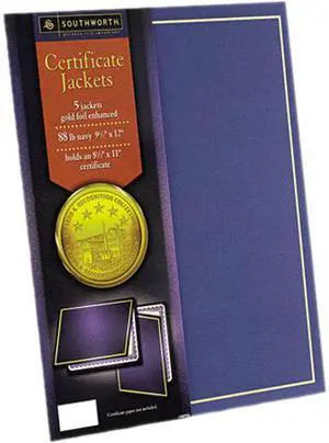 Southworth PF6 Certificate Jackets, 12 x 9-1/2, Navy/w Gold Border, 5/Pack