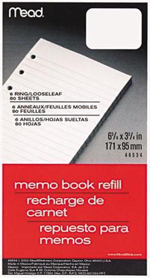 Mead 46534 6-Ring Memo Book Refill, College Rule, 6HP, 6-3/4 x 3-3/4, 80 Sheets, White