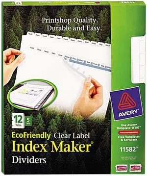 Avery 11582 Print & Apply Clear Label EcoFriendly Dividers, Index Maker Easy Apply Printable Label Strip, 12 White Tabs, 5 Sets (11582)