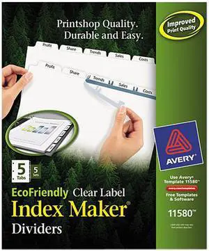 Avery Print & Apply Clear Label Dividers w/White Tabs 5-Tab Letter 5 Sets 11580