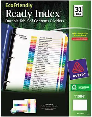 Avery 11084 Customizable Table of Contents EcoFriendly Dividers, Ready Index Printable Section Titles, Preprinted 1-31 Multicolor Tabs, 1 Set (11084)