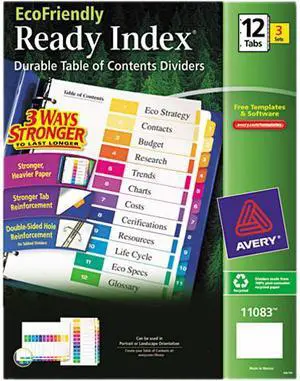Avery 11083 Customizable Table of Contents EcoFriendly Dividers, Ready Index Printable Section Titles, Preprinted 1-12 Multicolor Tabs, 3 Sets (11083)