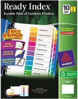 Avery 11082 Customizable Table of Contents EcoFriendly Dividers, Ready Index Printable Section Titles, Preprinted 1-10 Multicolor Tabs, 3 Sets (11082)