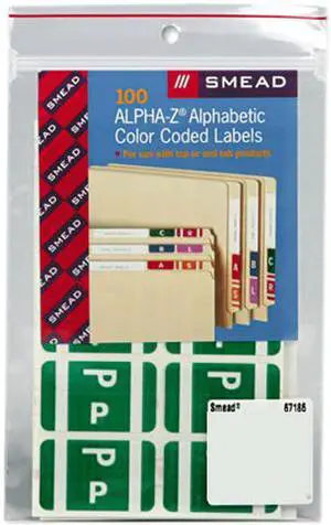 Smead 67186 Alpha-Z Color-Coded Second Letter Labels, Letter P, Dark Green, 100/Pack