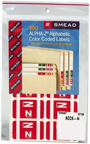 Smead 67184 Alpha-Z Color-Coded Second Letter Labels, Letter N, Red, 100/Pack