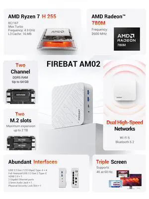 Firebat AM02 Barebone Mini PC With AMD Ryzen7 H255(Upgraded 8745HS) 8C/16T(Up to 54W), 0GB RAM 0GB SSD, WiFi6 BT5.2, Dual 1G LAN, Triple 4K Display, Portable Desktop Computer Firebat AM02 Barebone Mini PC With AMD Ryzen7 H255(Upgraded 8745HS) 8C/16T(Up to 54W), 0GB RAM 0GB SSD, WiFi6 BT5.2, Dual 1G LAN, Triple 4K Display, Portable Desktop Computer
