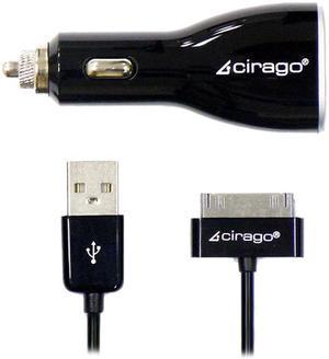 Cirago MFi Certified 2.1 Amp + 1 Amp Dual USB Car Charger Kit with 5Ft 30-Pin to USB 5V Data Sync/Charge Cable - Black