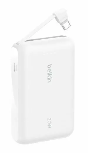 Belkin BoostCharge Power Bank 10K with Integrated Cable - 10000 mAh - 20 W - USB Type-C Connector - 1 x USB - White - BPB021fqWH Belkin BoostCharge Power Bank 10K with Integrated Cable - 10000 mAh - 20 W - USB Type-C Connector - 1 x USB - White - BPB021fqWH