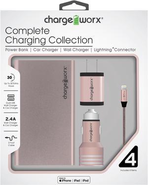 Chargeworx Metallic Mobile Charging Kit for iPhone w Power Bank MFi Certified Braided Lightning Cable Duo USB Car Charger and Wall Charger Rose Gold