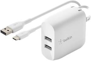 BELKIN WCE001dq1MWH White BOOST CHARGE Dual USB-A Wall Charger 24W + USB-A to USB-C Cable