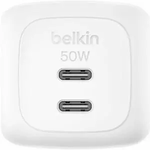 Belkin 50W Portable 2-Port USB-C Wall Charger - 2xUSB-C - Foldable Prongs - Power Adapter - White - WCH019dqWH Belkin 50W Portable 2-Port USB-C Wall Charger - 2xUSB-C - Foldable Prongs - Power Adapter - White - WCH019dqWH