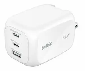 Belkin 100W GaN 3-Port USB Wall Charger - 1xUSB-A, 2xUSB-C - Foldable Prongs - Power Adapter - White - WCH016dqWH Belkin 100W GaN 3-Port USB Wall Charger - 1xUSB-A, 2xUSB-C - Foldable Prongs - Power Adapter - White - WCH016dqWH