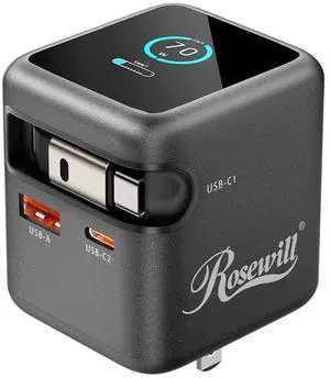 Rosewill 70W Retractable USB-C Wall Charger with Built-in Cable, 3-Port GaN 3 Fast Charging, Foldable Design & Real-Time TFT Display for MacBook, iPad, iPhone, Galaxy - Black