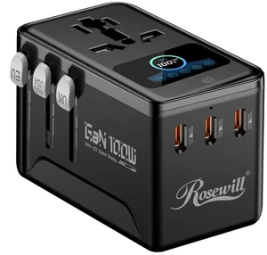 Rosewill 5-in-1 Universal Travel Adapter with LCD Display, GaN 100W PD/QC 3.0 Fast Charging Technology, 4*USB C/A Ports, International Power Adapter with Type A, C, G,I Plugs, Travel Charger Rosewill 5-in-1 Universal Travel Adapter with LCD Display, GaN 100W PD/QC 3.0 Fast Charging Technology, 4*USB C/A Ports, International Power Adapter with Type A, C, G,I Plugs, Travel Charger