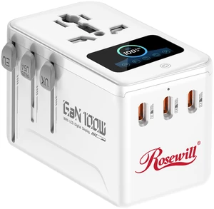 Rosewill 5-in-1 Universal Travel Adapter with LCD Display, GaN 100W PD/QC 3.0 Fast Charging Technology, 4*USB C/A Ports, International Power Adapter with Type A, C, G,I Plugs, Travel Charger Rosewill 5-in-1 Universal Travel Adapter with LCD Display, GaN 100W PD/QC 3.0 Fast Charging Technology, 4*USB C/A Ports, International Power Adapter with Type A, C, G,I Plugs, Travel Charger