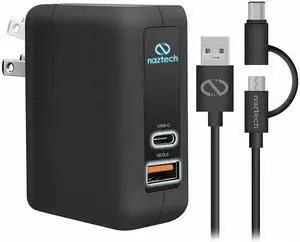 Naztech 14039 Black Quick Charge 3.0 + USB-C Wall Charger with Hybdrd USB-C/Micro USB Cable