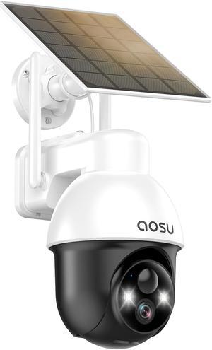 Aosu Solar Wireless Outdoor Security Camera, Panoramic PTZ, Auto Tracking, Wireless 2.4 GHz, 2K Night Vision, Light and Sound Alarm, 2-Way Talk, Work with Alexa & Google Assistant, No Monthly Fees
