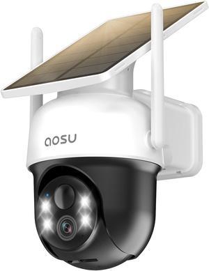 Aosu Solar Wireless Outdoor Security Camera, 360 Panoramic PTZ, Auto Tracking, 2.4 GHz Wireless, 2K Color Night Vision, Work with Alexa & Google Assistant, No Monthly Fees