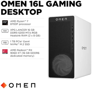 HP OMEN 16L Gaming Desktop PC, AMD Ryzen 7 8700F, 16 GB RAM, 1 TB SSD, AMD Radeon RX 9060 XT, Windows 11 Home, Microsoft Copilot, Panda Metal, TG03-0230 HP OMEN 16L Gaming Desktop PC, AMD Ryzen 7 8700F, 16 GB RAM, 1 TB SSD, AMD Radeon RX 9060 XT, Windows 11 Home, Microsoft Copilot, Panda Metal, TG03-0230