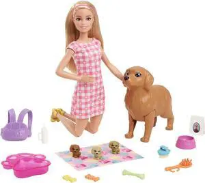 Barbie Doll and Newborn Pups Playset with Dog, 3 Puppies & Accessories, 3 to 7 Year Old