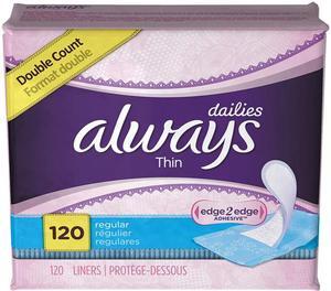 Always Thin Daily Panty Liners, Regular, 120/Pack