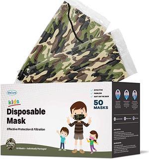 WeCare Disposable Face Mask, 3-Ply with Ear Loop (50 Individually Wrapped) - For KIDS - Green Camo