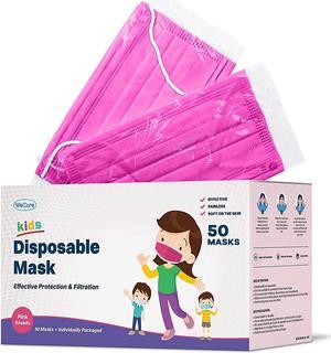 WeCare Disposable Face Mask, 3-Ply with Ear Loop (50 Individually Wrapped) - For KIDS - Pink