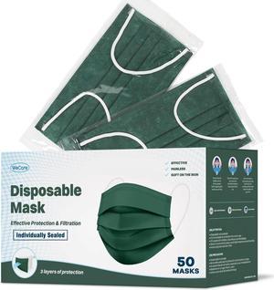 WeCare Disposable Face Mask, 3-Ply with Ear Loop (50 Individually Wrapped) - Hunter Green
