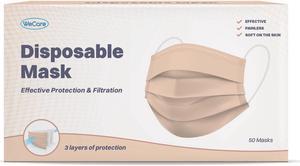 WeCare Disposable Face Mask, 3-Ply with Ear Loop (50 Individually Wrapped) - Nude