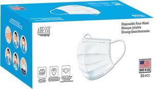 Adesso 3 Ply Disposable Personal Protective Face Mask, Made In USA (50 Masks/Box)