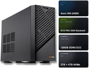 ABS AI Workstation - 72GB VRAM (NVIDIA RTX PRO 5000 Blackwell 72GB), Intel Xeon W5-2455X, 128GB ECC DDR5 RDIMM, 2TB+4TB NVMe M.2, 2000W 80+ Gold, Ubuntu (Zaurion ZAW5-2455X-RP500072) ABS AI Workstation - 72GB VRAM (NVIDIA RTX PRO 5000 Blackwell 72GB), Intel Xeon W5-2455X, 128GB ECC DDR5 RDIMM, 2TB+4TB NVMe M.2, 2000W 80+ Gold, Ubuntu (Zaurion ZAW5-2455X-RP500072)